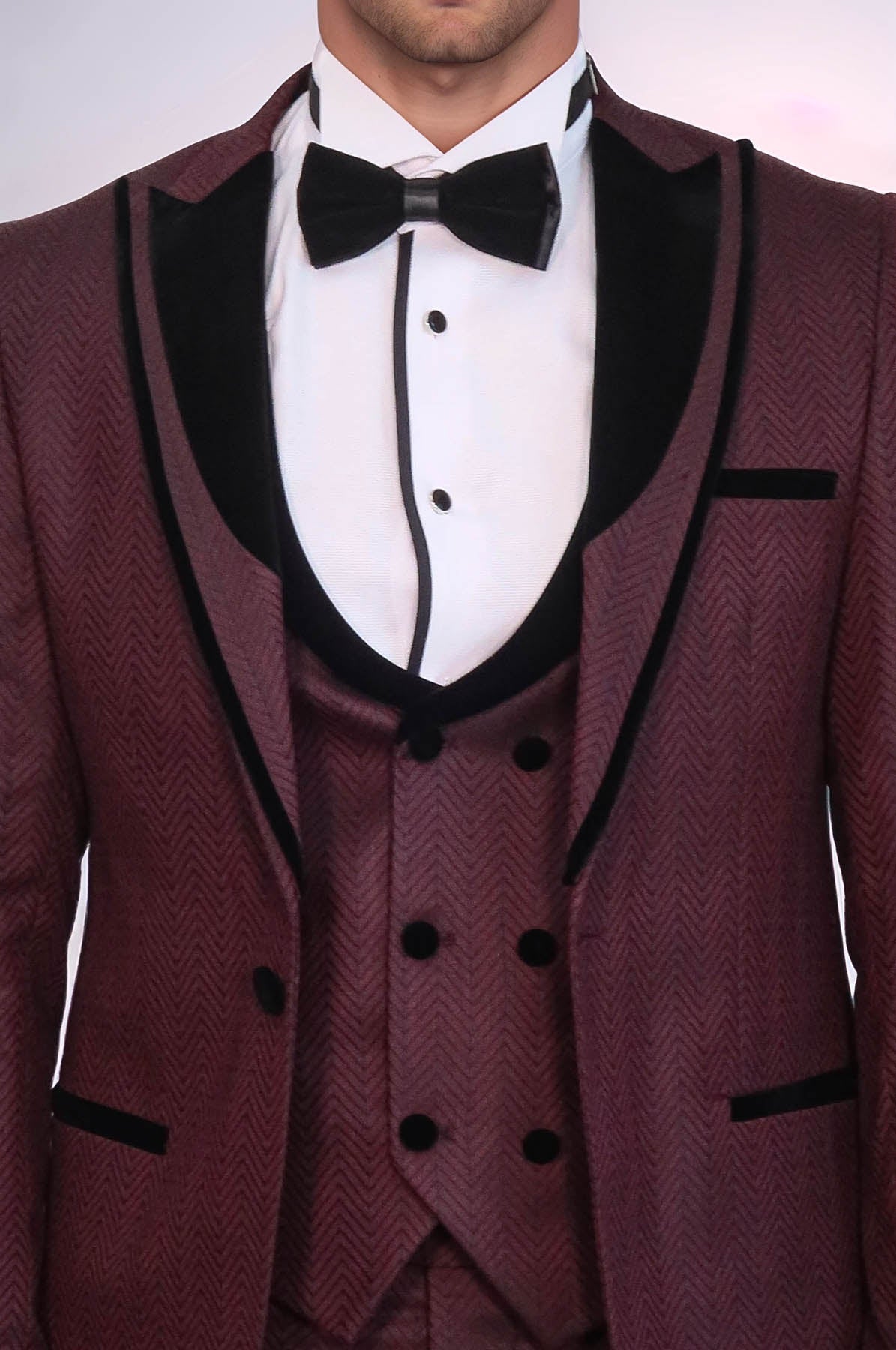 Velvet Lapel Patterned Vested Burgundy Men Tuxedo - Wessi