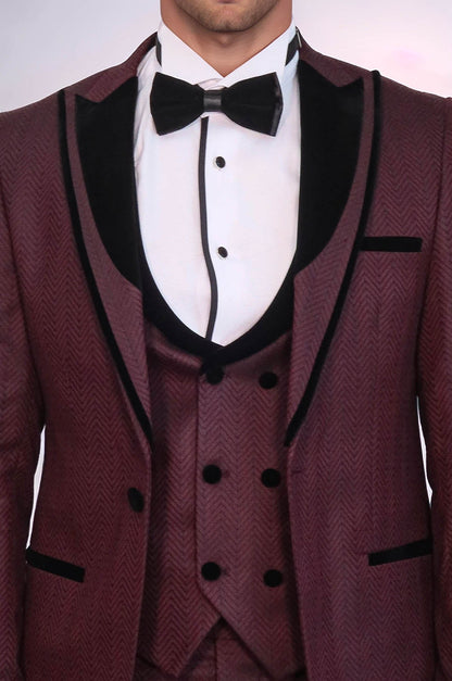 Velvet Lapel Patterned Vested Burgundy Men Tuxedo - Wessi