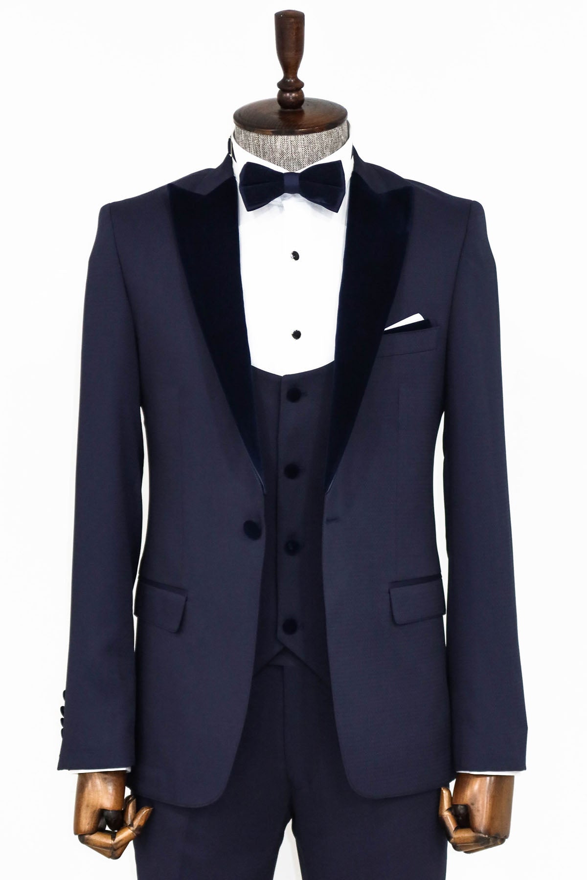 Velvet Lapel Slim Fit Navy Blue Men Tuxedo - Wessi