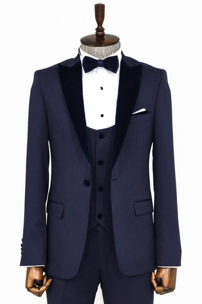 Velvet Lapel Slim Fit Navy Blue Men Tuxedo - Wessi
