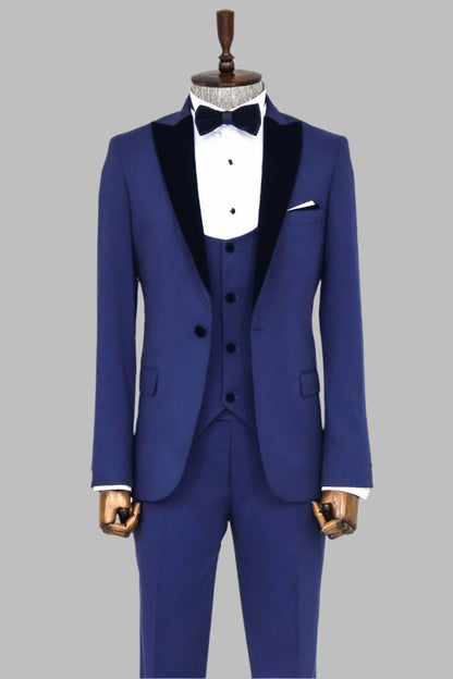 Velvet Lapel Slim Fit Blue Men Suit - Wessi