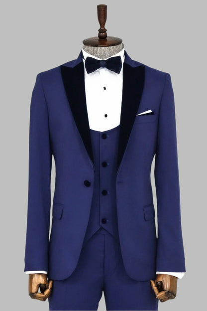 Velvet Lapel Slim Fit Blue Men Suit - Wessi