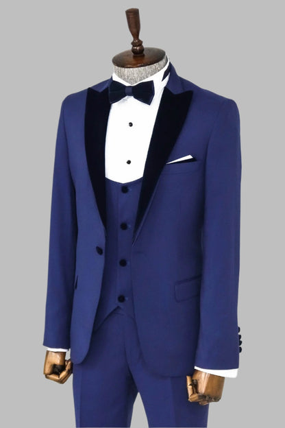 Velvet Lapel Slim Fit Blue Men Suit - Wessi