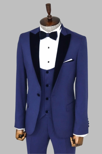 Velvet Lapel Slim Fit Blue Men Suit - Wessi