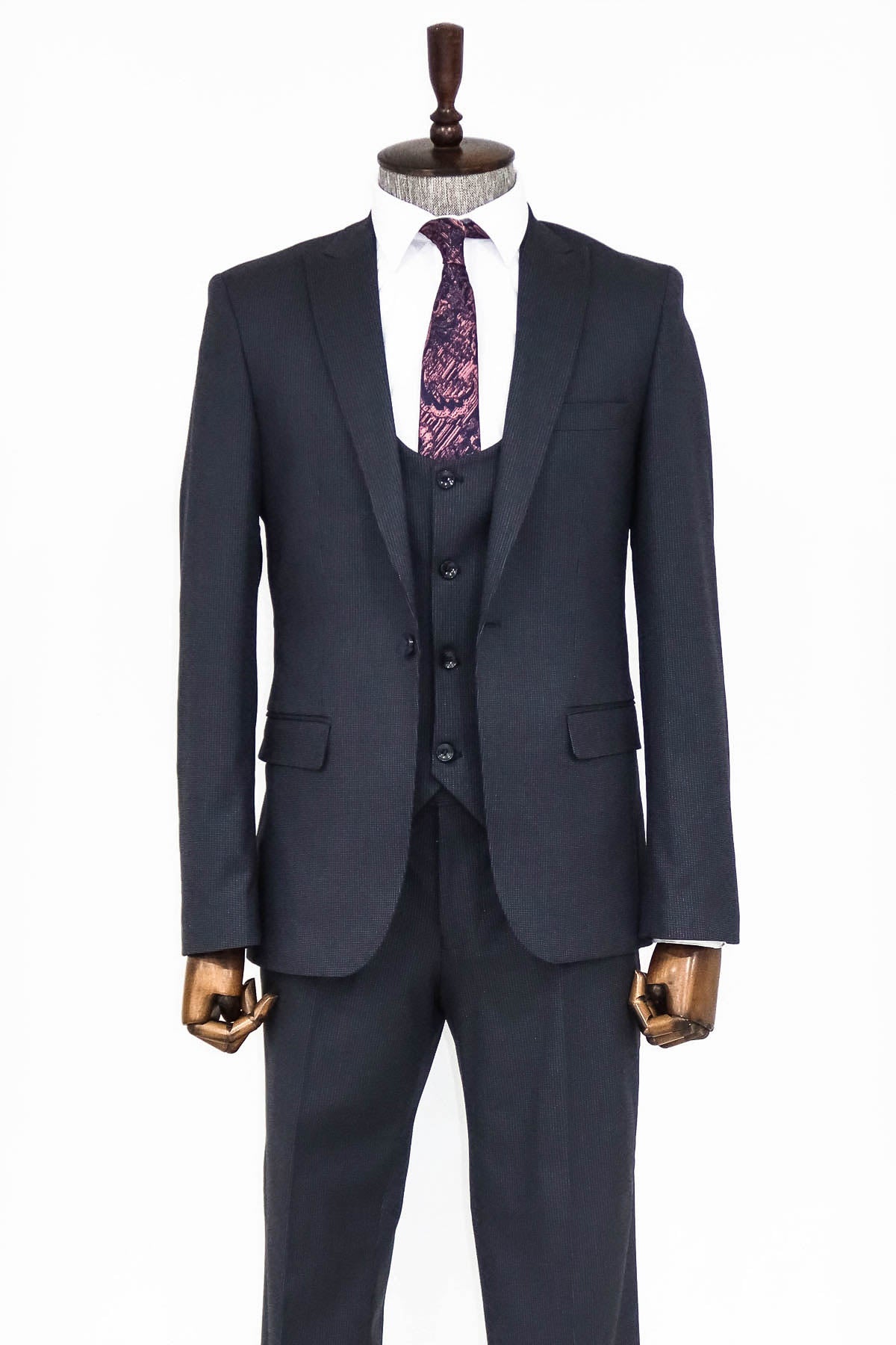 Slim Fit Patterned Navy Blue Men Suit