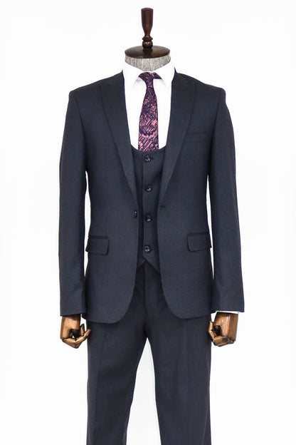 Slim Fit Patterned Navy Blue Men Suit
