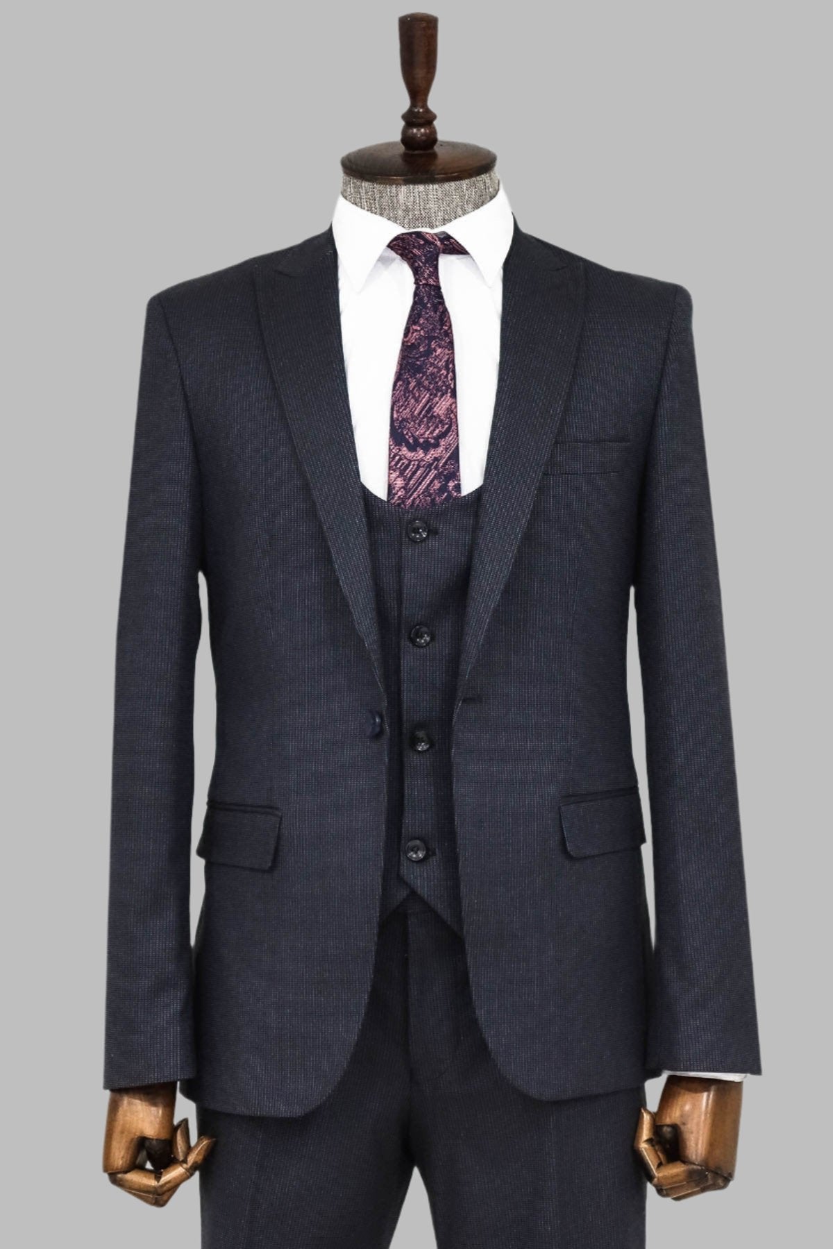 Slim Fit Patterned Navy Blue Men Suit