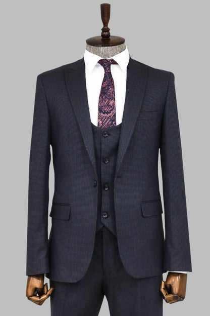 Slim Fit Patterned Navy Blue Men Suit