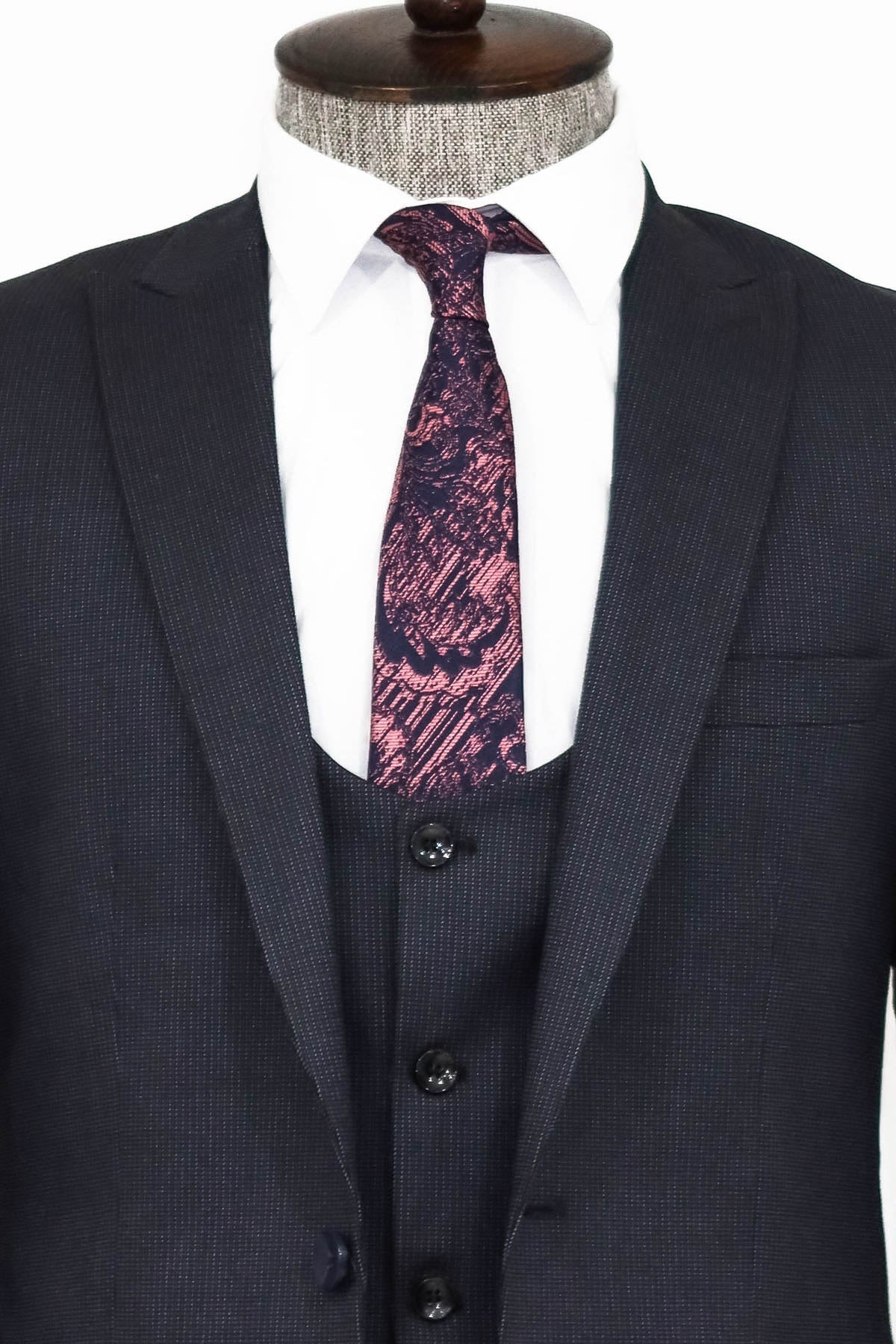 Slim Fit Patterned Navy Blue Men Suit