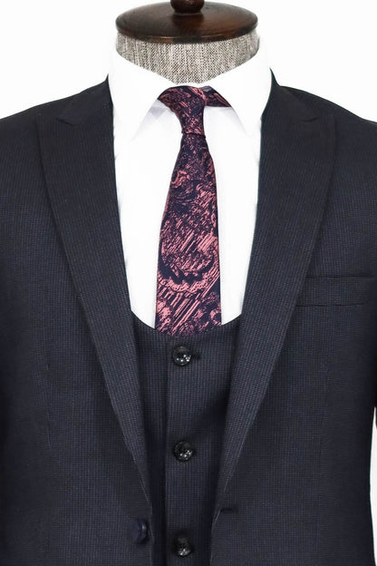 Slim Fit Patterned Navy Blue Men Suit