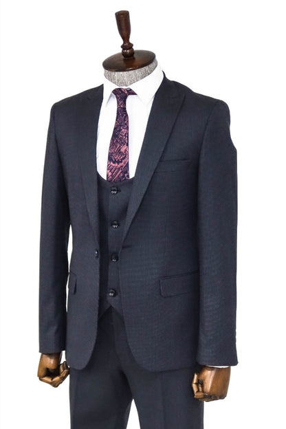 Slim Fit Patterned Navy Blue Men Suit