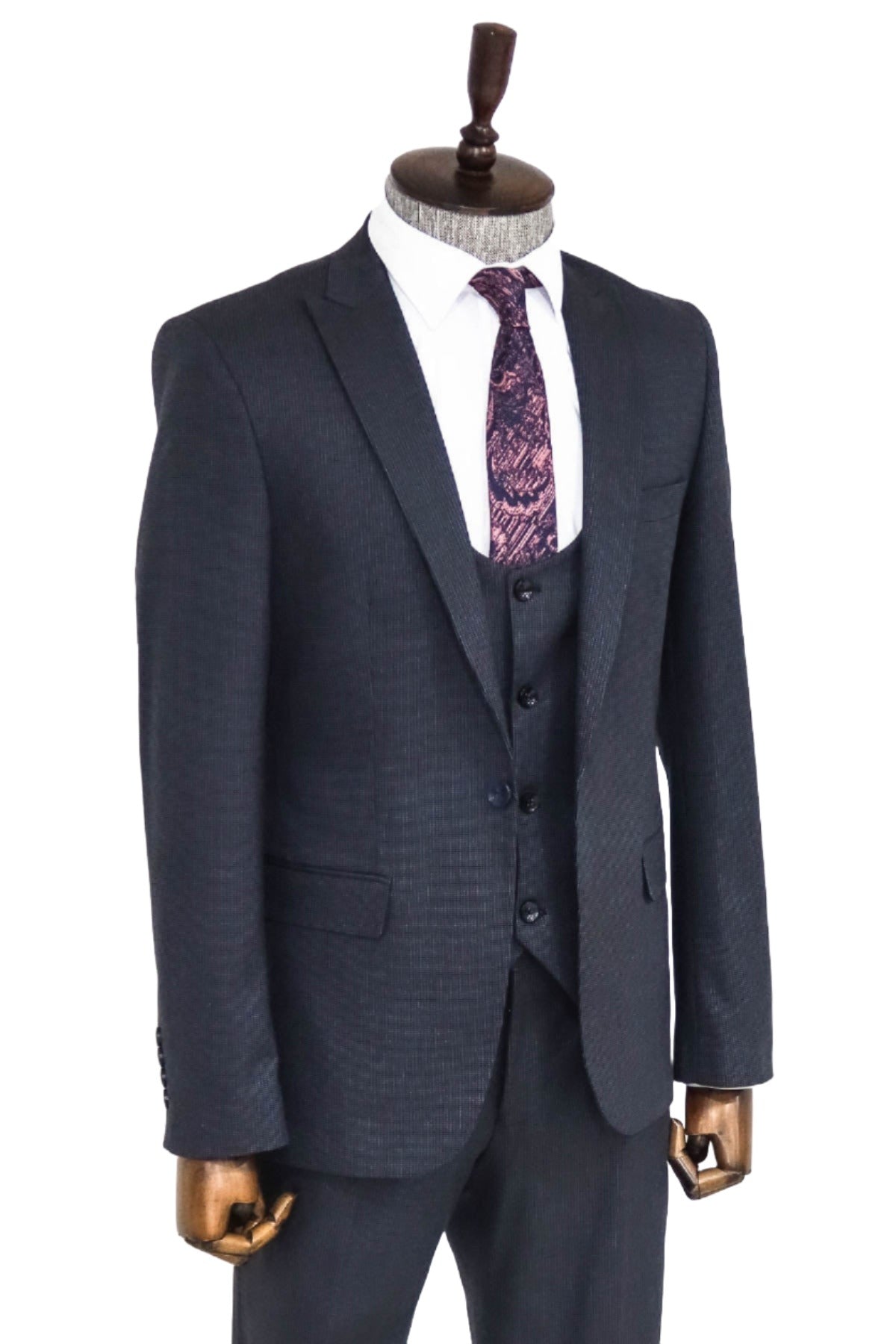 Slim Fit Patterned Navy Blue Men Suit