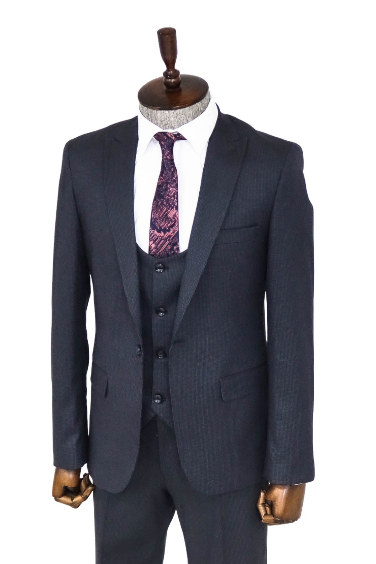 Slim Fit Patterned Navy Blue Men Suit