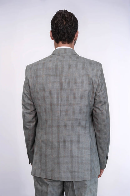 Checked Slim Fit Grey Men Suit
