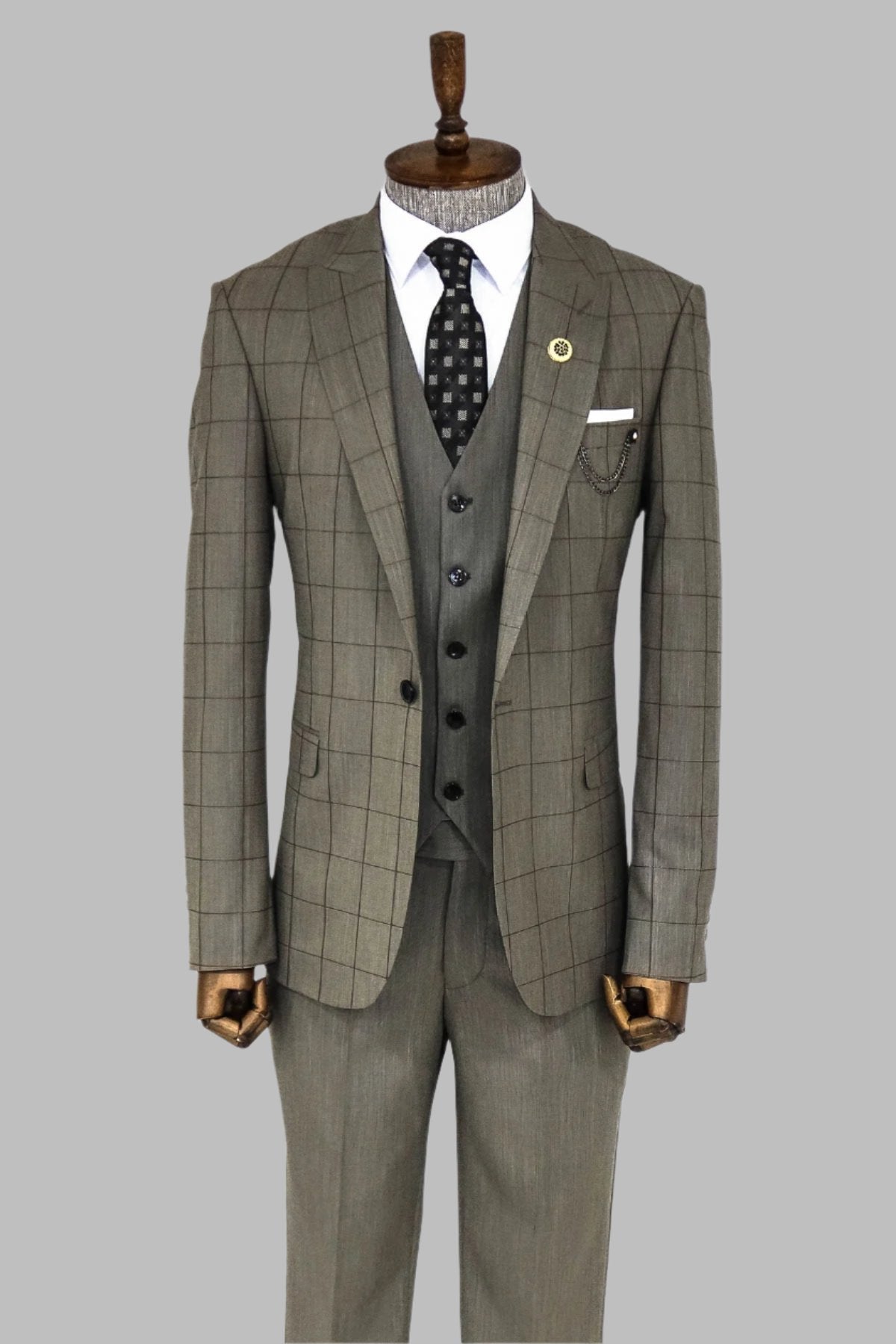 KOALA SYDNEY  Cream Plaid Peak Lapel 3 Piece Suit -