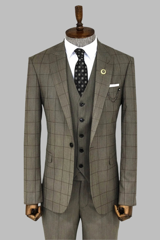 KOALA SYDNEY  Cream Plaid Peak Lapel 3 Piece Suit -