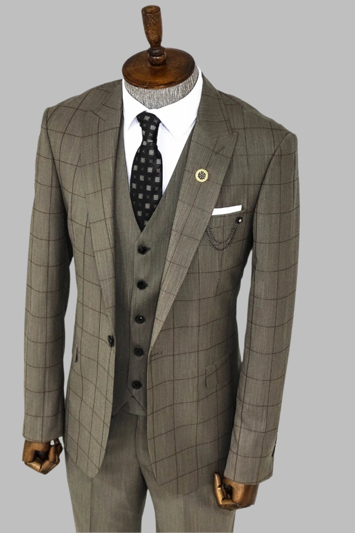KOALA SYDNEY  Cream Plaid Peak Lapel 3 Piece Suit -