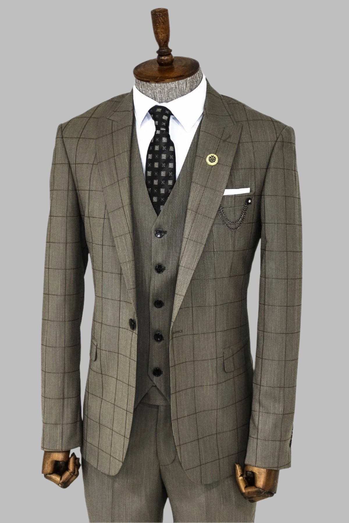 KOALA SYDNEY  Cream Plaid Peak Lapel 3 Piece Suit -