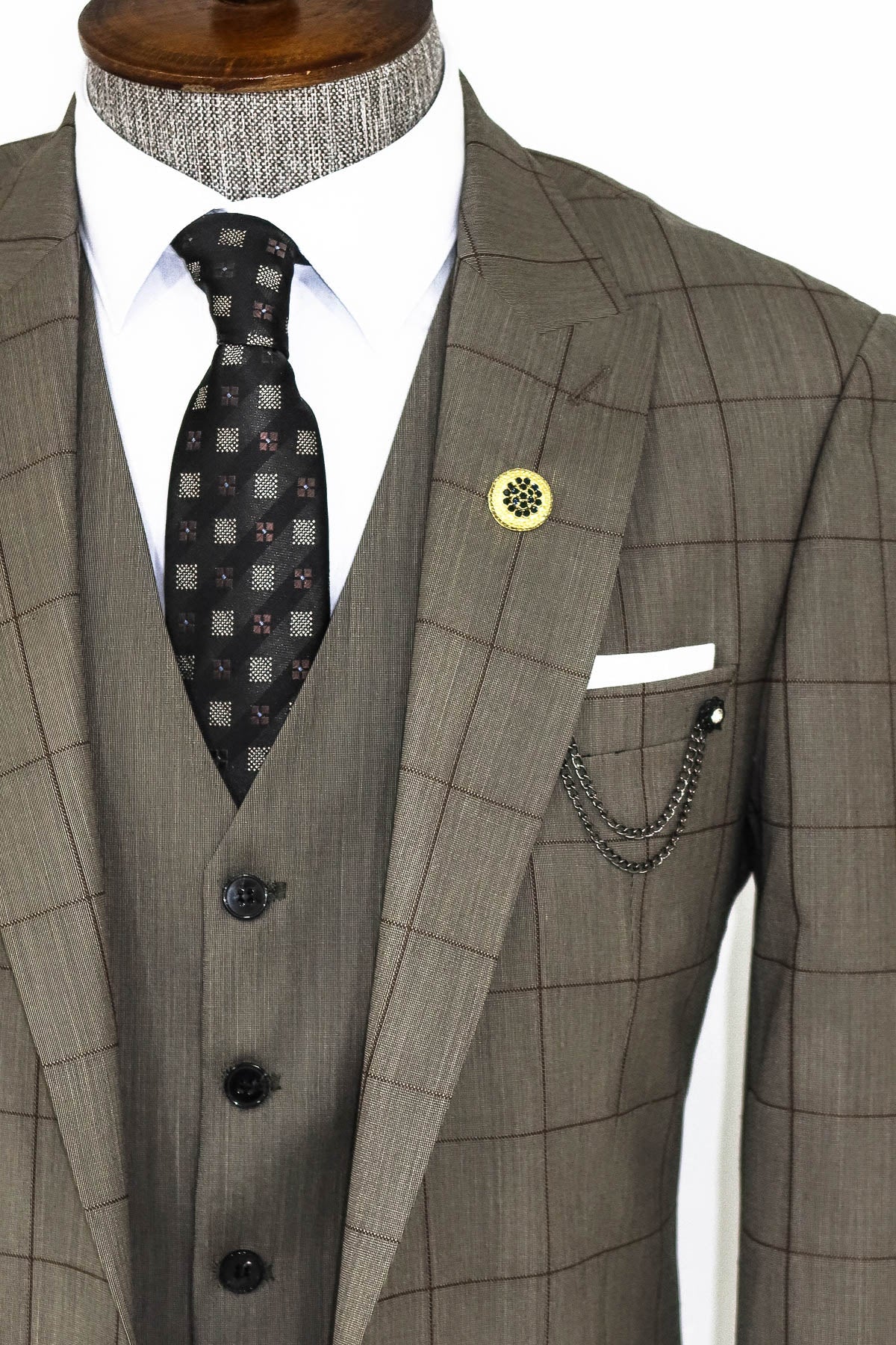 KOALA SYDNEY  Cream Plaid Peak Lapel 3 Piece Suit -
