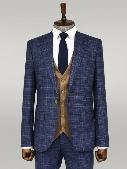 KOALA SYDNEY  Slim Fit Checked Patterned Navy Blue Men Suit -
