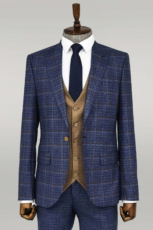 KOALA SYDNEY  Slim Fit Checked Patterned Navy Blue Men Suit -