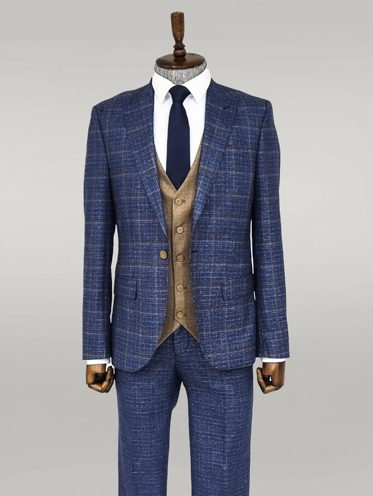 KOALA SYDNEY  Slim Fit Checked Patterned Navy Blue Men Suit -