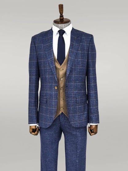 KOALA SYDNEY  Slim Fit Checked Patterned Navy Blue Men Suit -