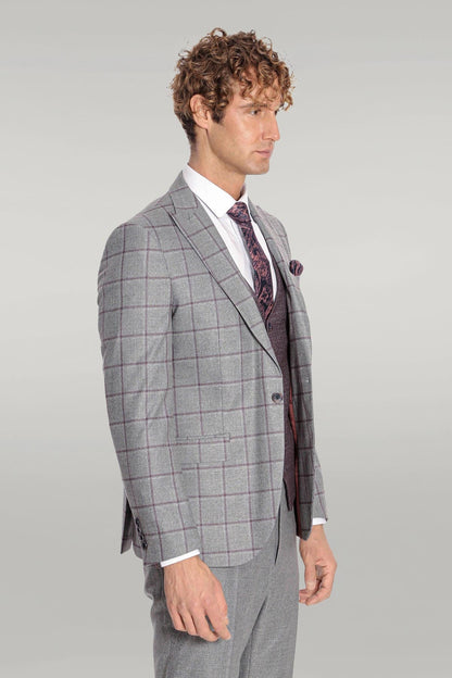 KOALA SYDNEY  Slim Fit Checked Patterned Grey Men Suit -