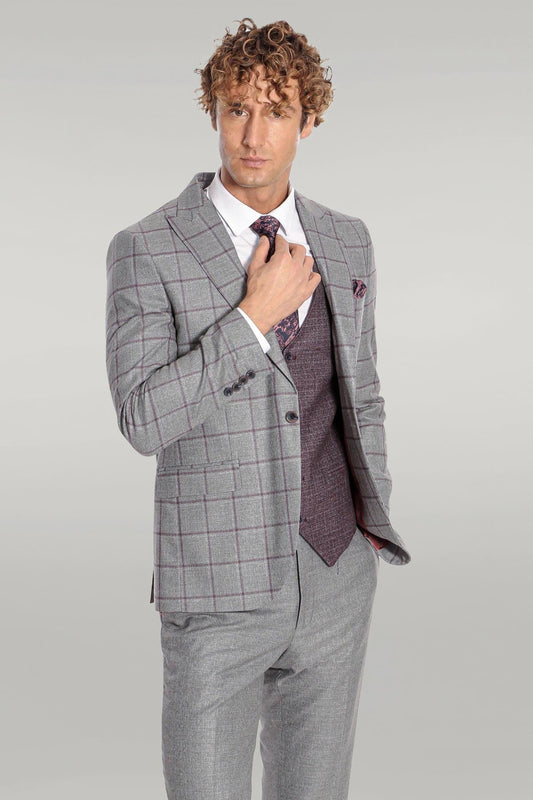 KOALA SYDNEY  Slim Fit Checked Patterned Grey Men Suit -