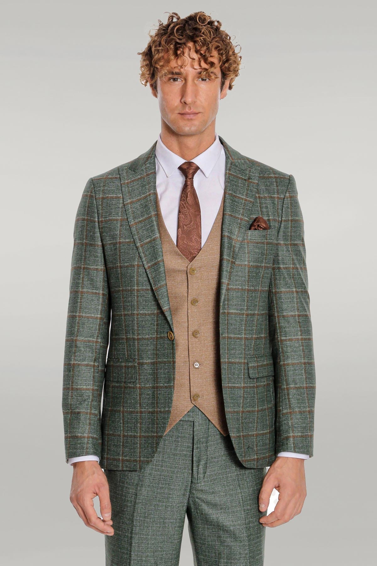 Slim Fit Checked Patterned Green Men Suit