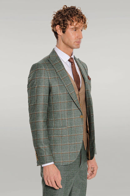 Slim Fit Checked Patterned Green Men Suit