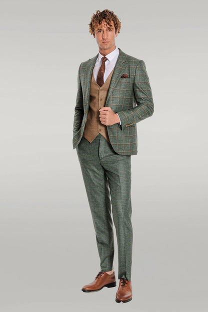 Slim Fit Checked Patterned Green Men Suit