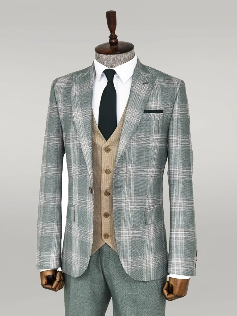 Slim Fit Light Green Vested Suit -