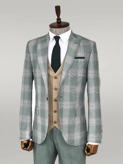 Slim Fit Light Green Vested Suit -