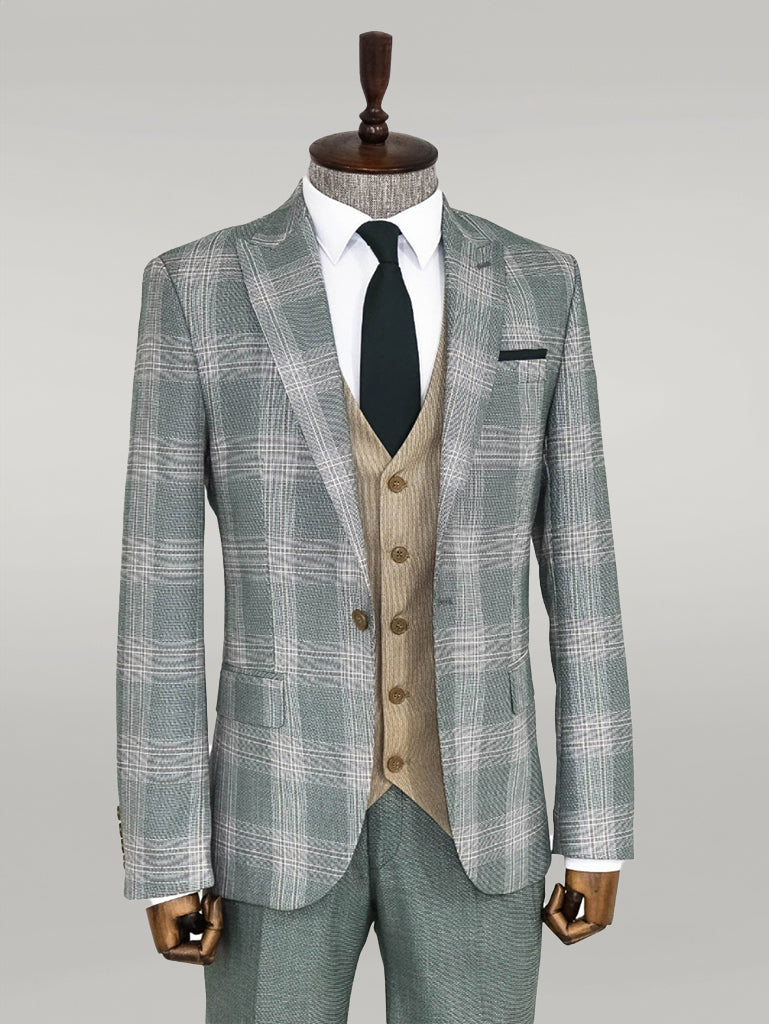 Slim Fit Light Green Vested Suit -
