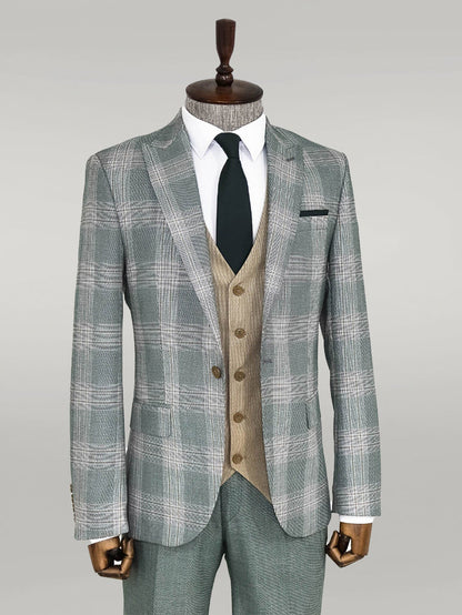 Slim Fit Light Green Vested Suit -