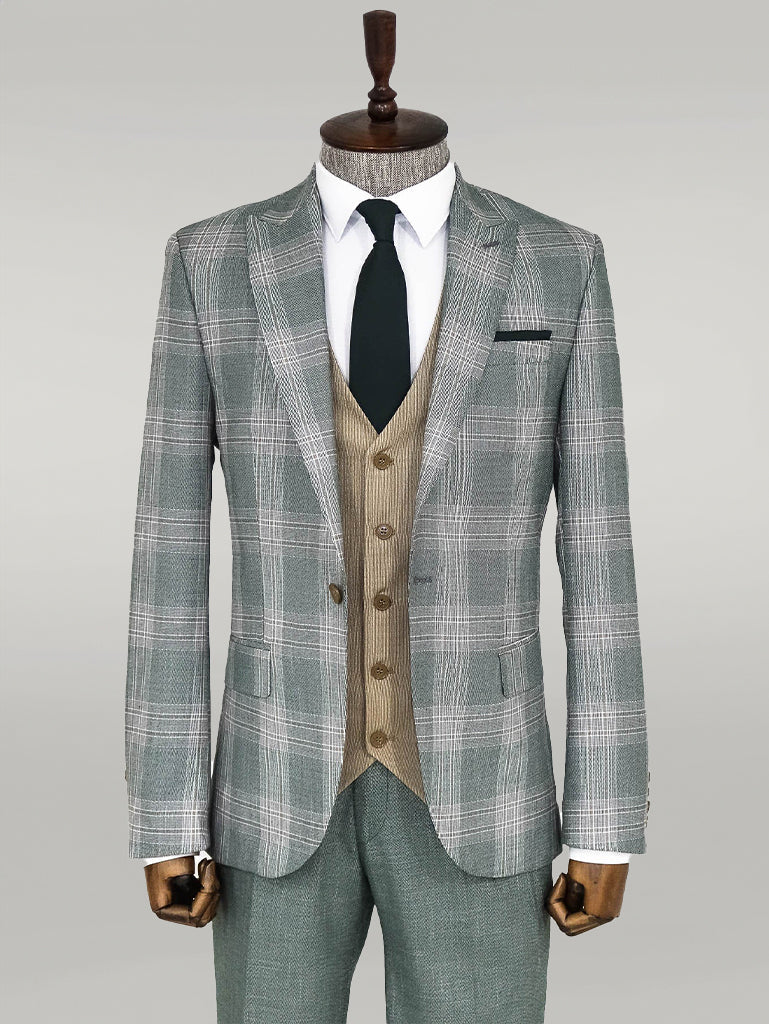 Slim Fit Light Green Vested Suit -