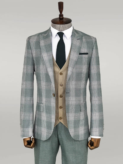 Slim Fit Light Green Vested Suit -