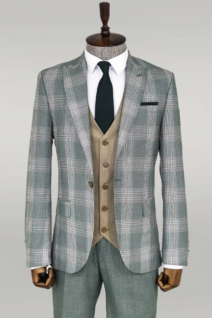 Slim Fit Light Green Vested Suit -