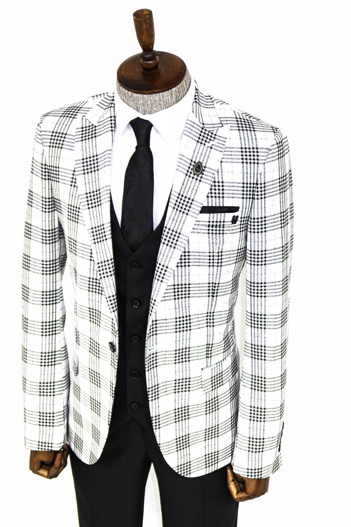 Checked Slim Fit Black-White Men Suit