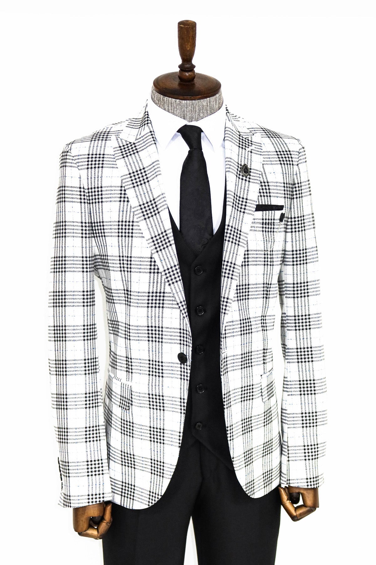 Checked Slim Fit Black-White Men Suit