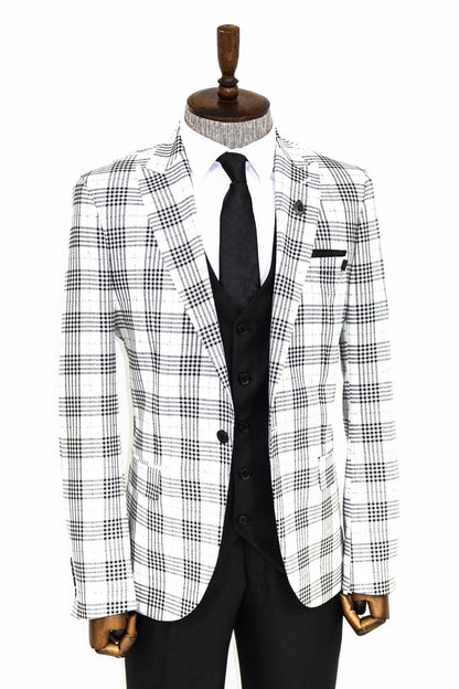 Checked Slim Fit Black-White Men Suit