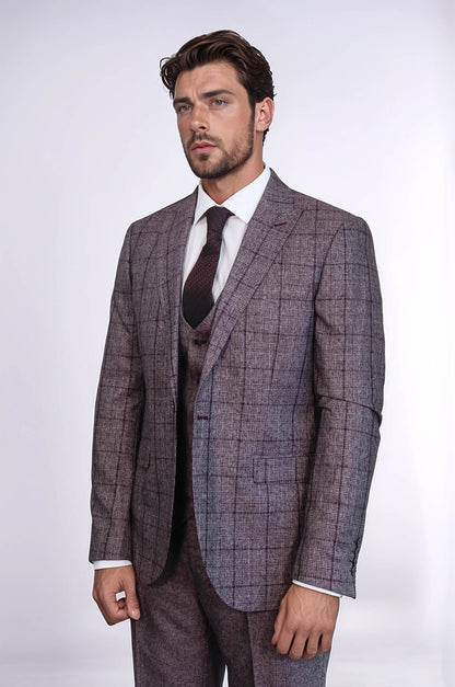 KOALA SYDNEY Slim Fit Checked Burgundy Men Suit