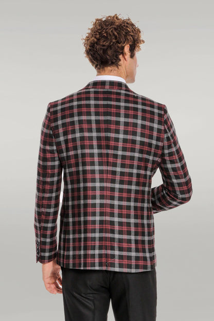 KOALA SYDNEY  Burgundy Checked Blazer Slim Fit Black Men Suit -