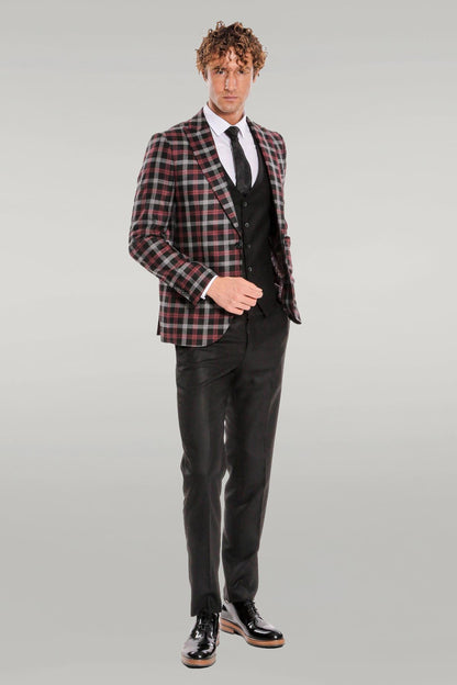 KOALA SYDNEY  Burgundy Checked Blazer Slim Fit Black Men Suit -