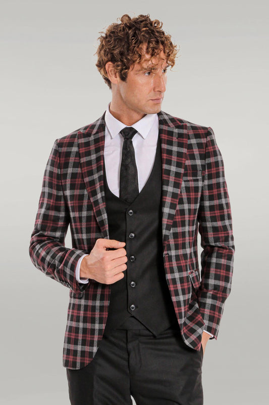 KOALA SYDNEY  Burgundy Checked Blazer Slim Fit Black Men Suit -