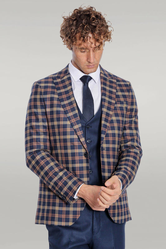 KOALA SYDNEY  Checked Blazer Slim Fit Navy Blue Men Suit -