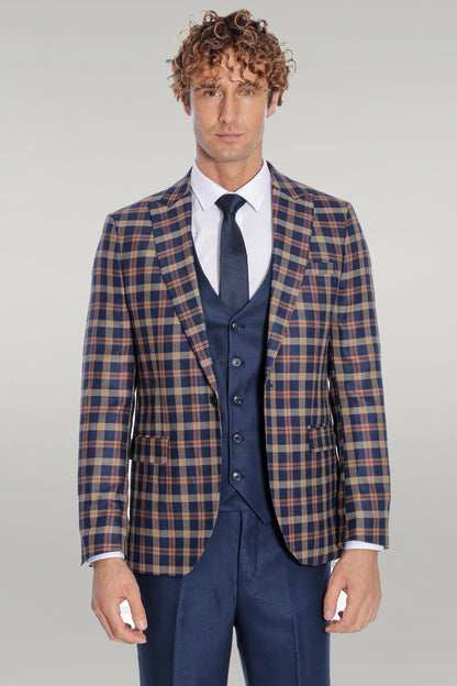 KOALA SYDNEY  Checked Blazer Slim Fit Navy Blue Men Suit -