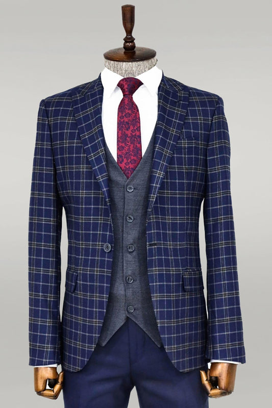 KOALA SYDNEY  Blue Vested Slim Fit Checked Navy Blue Men Suit and Shirt Combination-