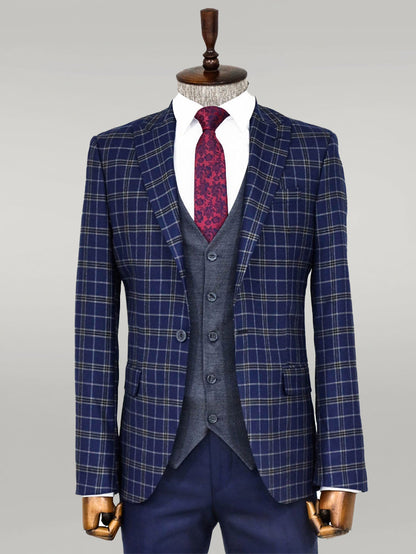 Blue Vested Slim Fit Checked Navy Blue Men Suit and Shirt Combination